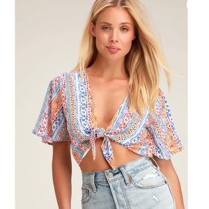 Lulus multi print tie-front crop top
